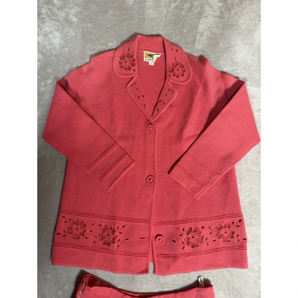 Vintage Double Bells Womens 2 Piece Skirt Suit Coral Pink 100% Wool Size 14